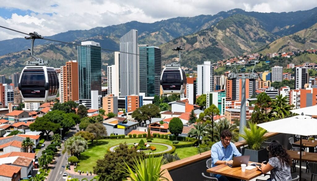 Medellin cityscape with mountains and modern metro system