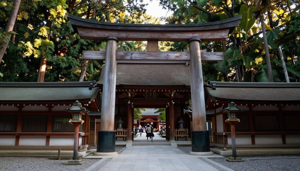 Meiji Shrine torii gate entrance with forest path
