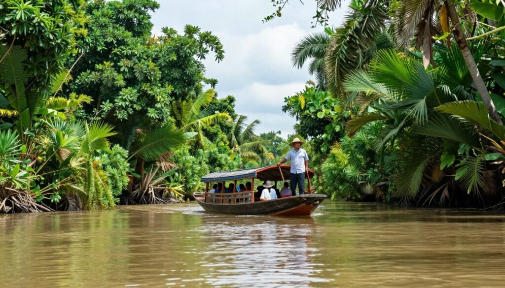 Mekong Delta boat tour with tourists Mekong Delta boat tour with tourists