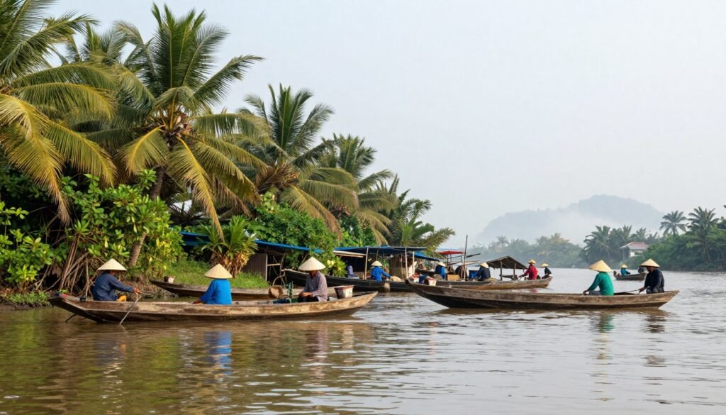 Mekong Delta river scene with traditional wooden boats