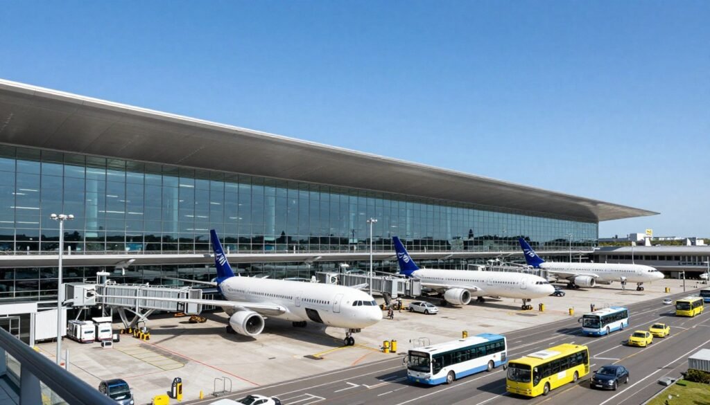 Melbourne Airport exterior with planes and terminal building