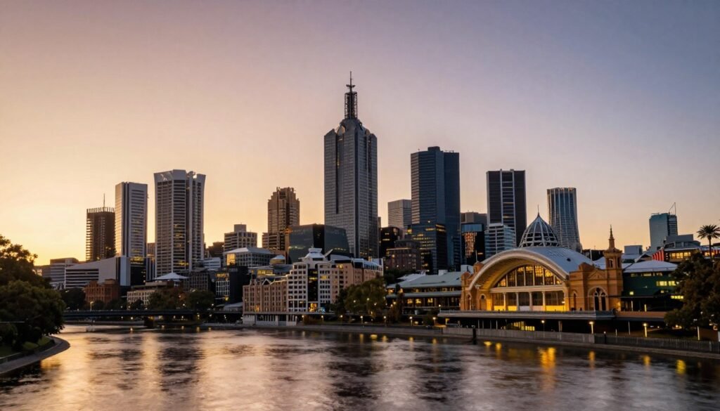 Melbourne city skyline at sunset