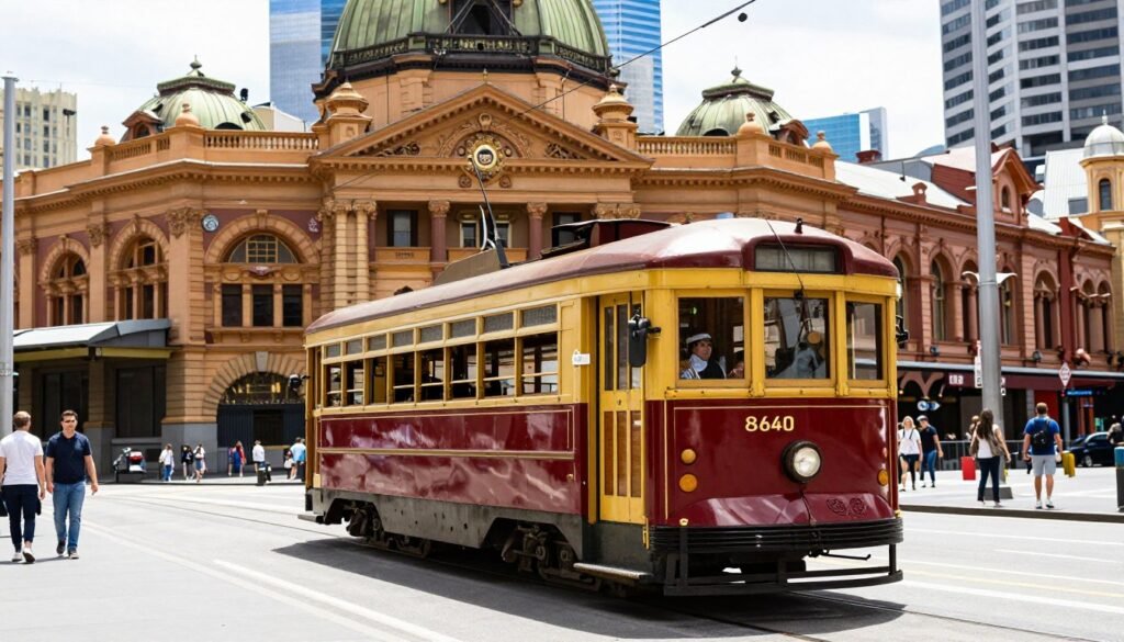 Melbourne tram traveling through city center