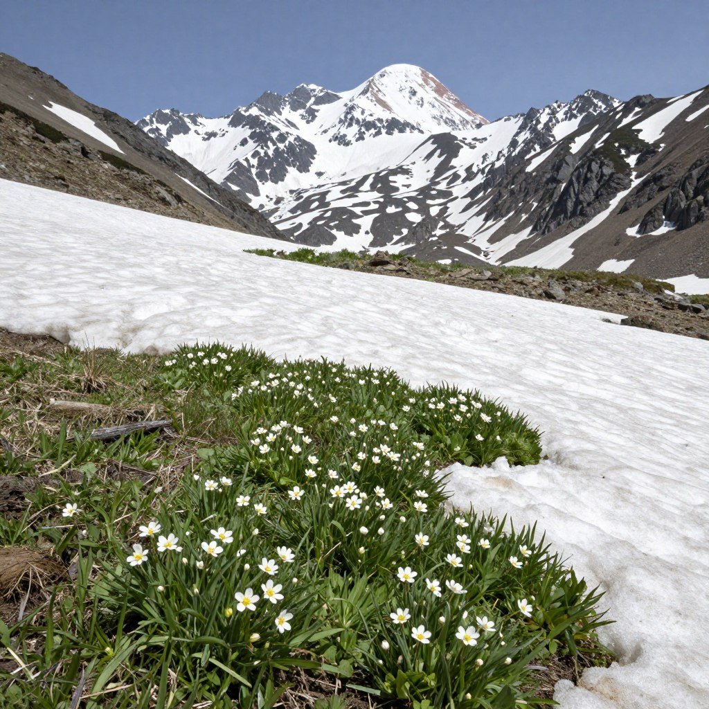 Melting snow revealing spring flowers in Hokkaido mountains