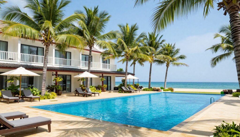 Mid-range beachfront hotel on Phu Quoc with pool and palm trees