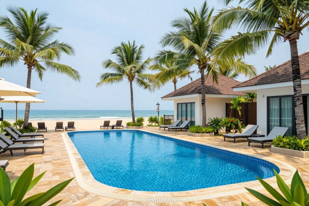 Mid-range beachfront resort with pool and rooms facing ocean in Mui Ne