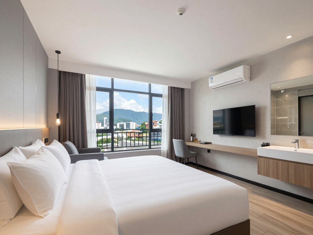 Mid-range hotel room in Chiang Rai with modern furnishings and city views