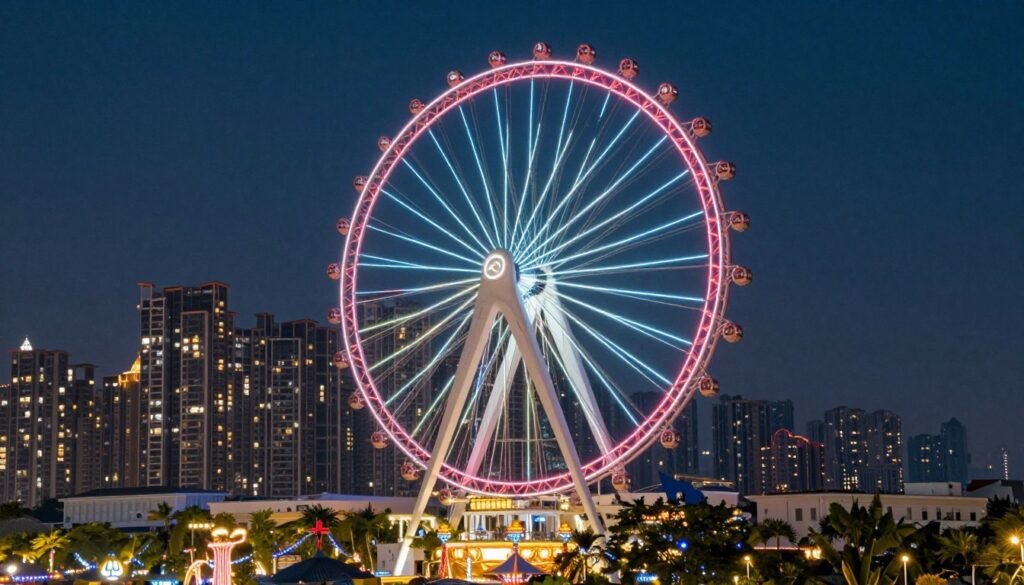 Miramar Ferris wheel illuminated at night on building rooftop Miramar Ferris wheel illuminated at night on building rooftop