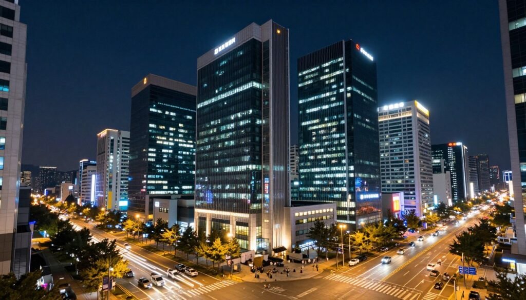 Modern Gangnam district at night with illuminated skyscrapers and busy streets