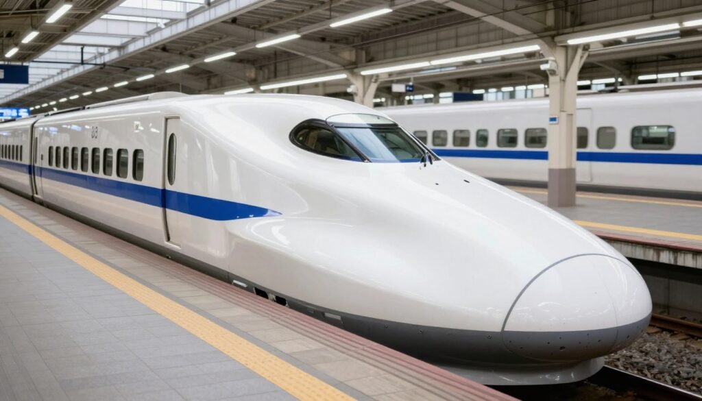 Modern Japanese bullet train shinkansen at Kyoto Station platform Modern Japanese bullet train shinkansen at Kyoto Station platform