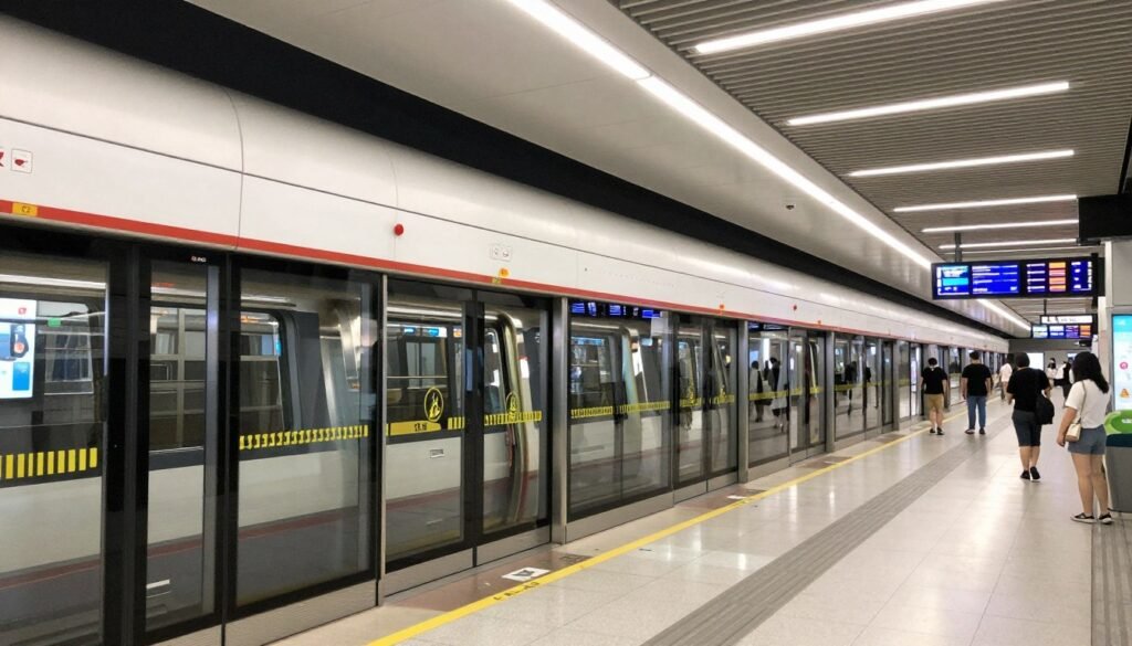 Modern Kuala Lumpur metro train station platform with arriving train