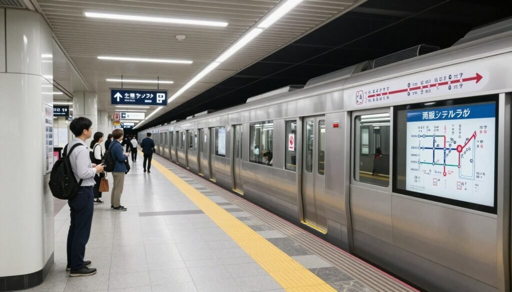 Modern Osaka subway train arriving at station platform