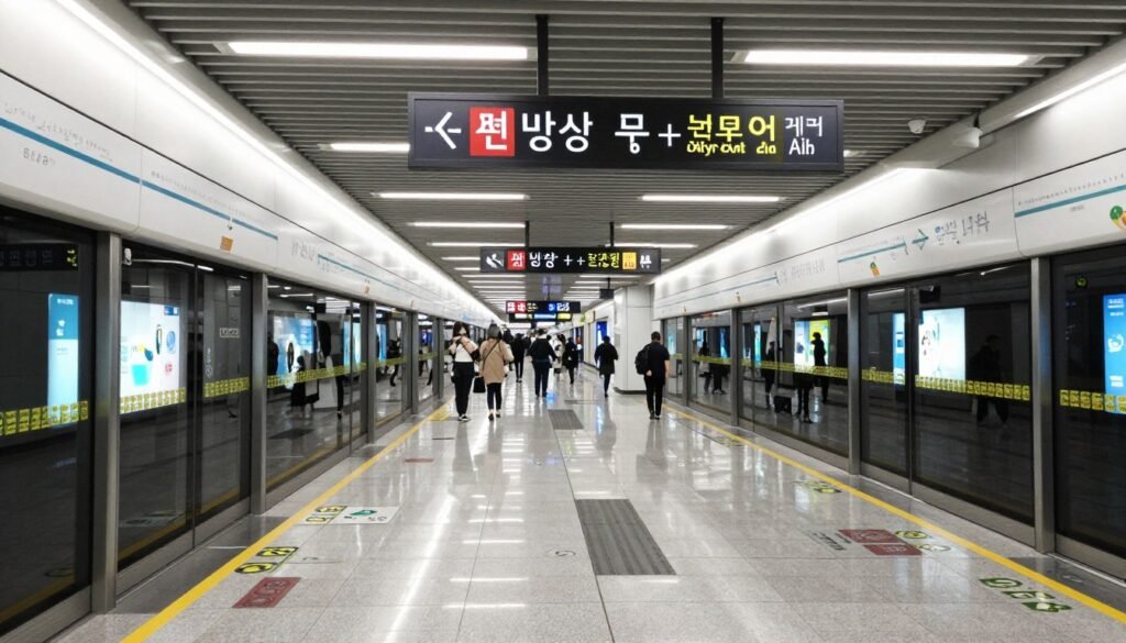 Modern Seoul subway station interior with signage