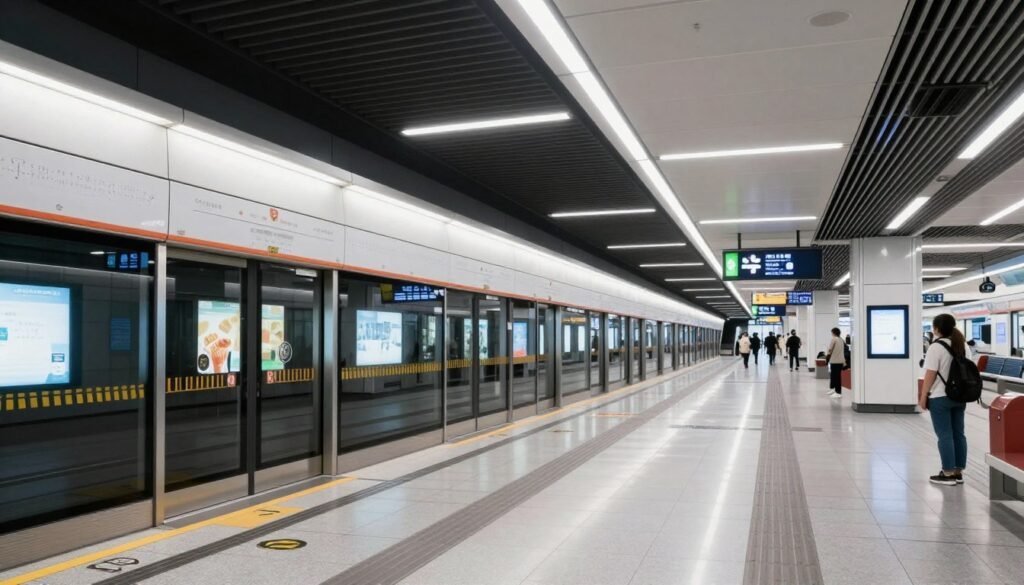 Modern Taipei MRT station platform with train arriving Modern Taipei MRT station platform with train arriving