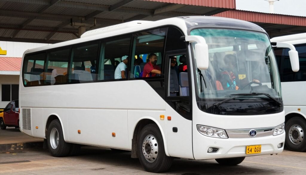 Modern air-conditioned tourist bus in Cambodia
