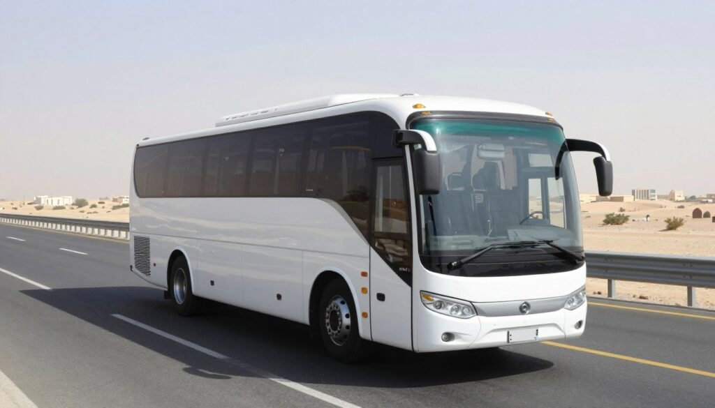 Modern bus connecting Dubai to Abu Dhabi along Sheikh Zayed Road Modern bus connecting Dubai to Abu Dhabi along Sheikh Zayed Road