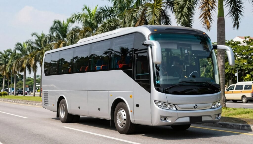 Modern bus on highway between cities