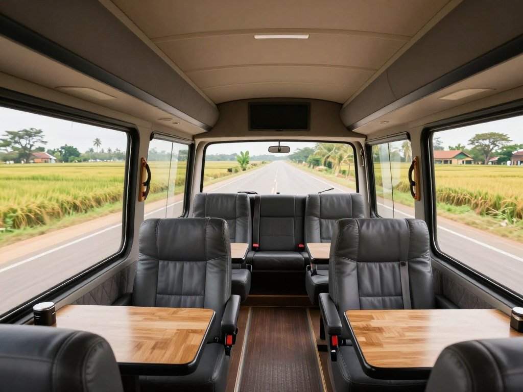 Modern bus on highway to Siem Reap with countryside views Modern bus on highway to Siem Reap with countryside views