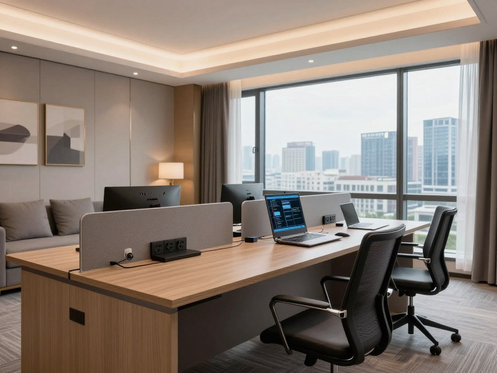 Modern business hotel room with large work desk