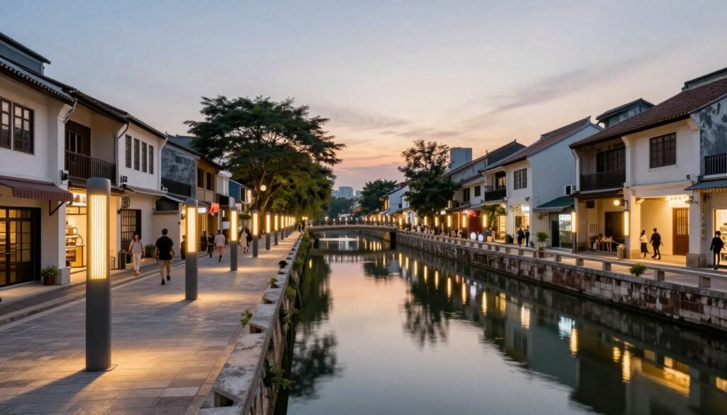 Modern canal-side walking path with lighting at dusk in Bangkok old town