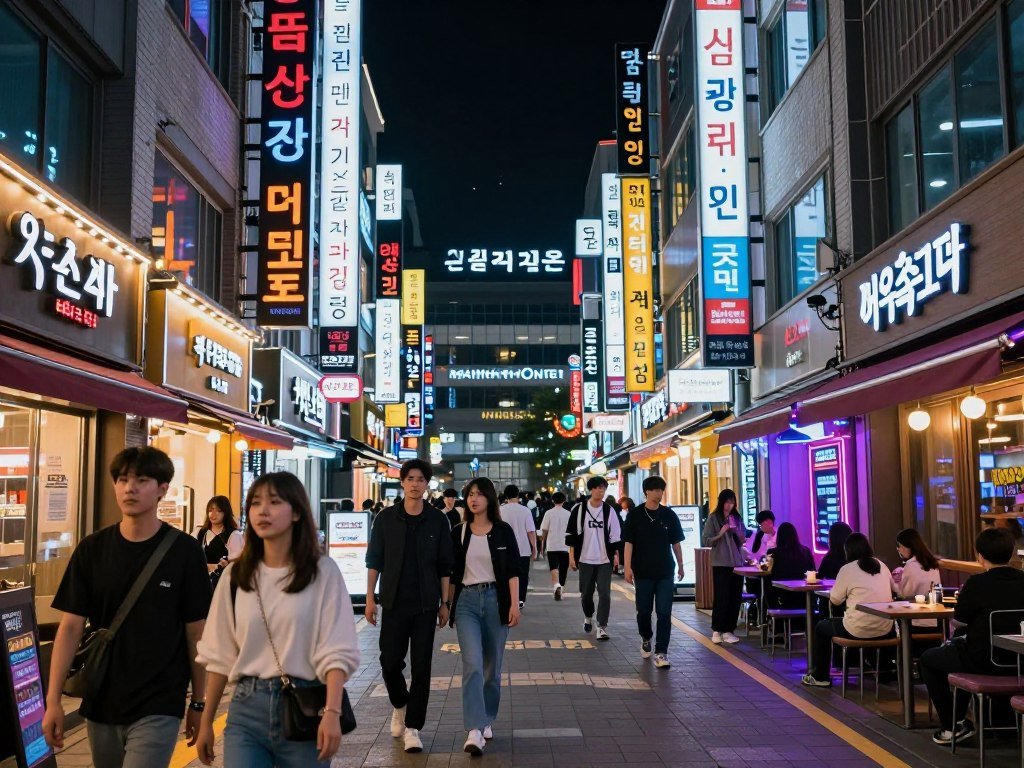 Modern entertainment district street at night with neon signs