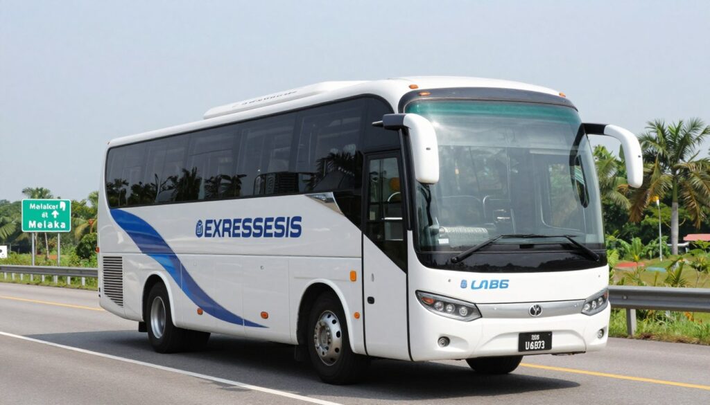 Modern express bus on Malaysian highway heading to Malacca