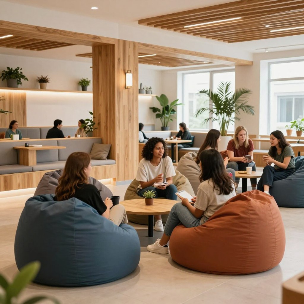 Modern hostel common area in Chiang Mai with comfortable seating