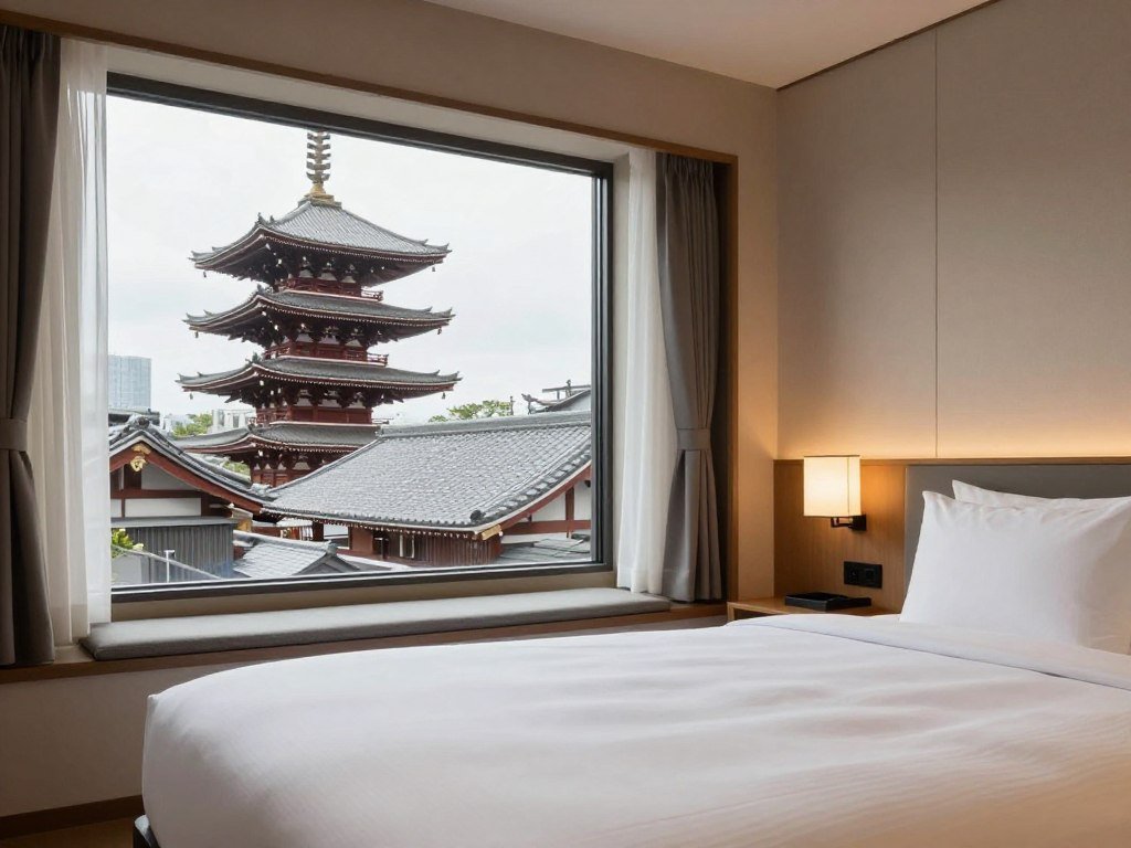 Modern hotel room in Asakusa with temple views