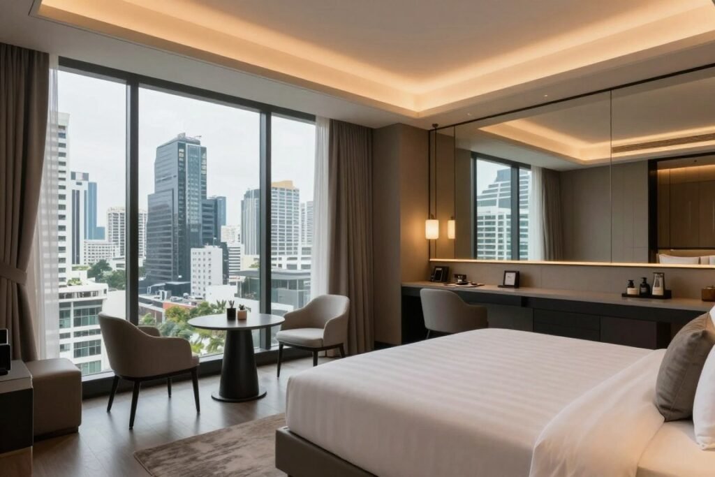 Modern hotel room in Pathum Wan shopping district