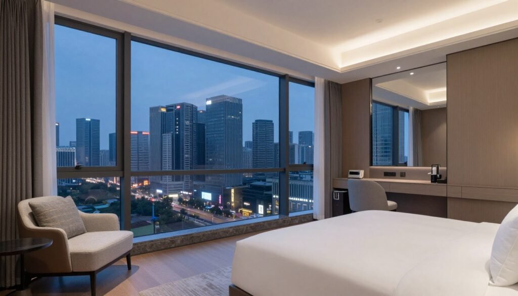 Modern hotel room in downtown Chengdu with city view