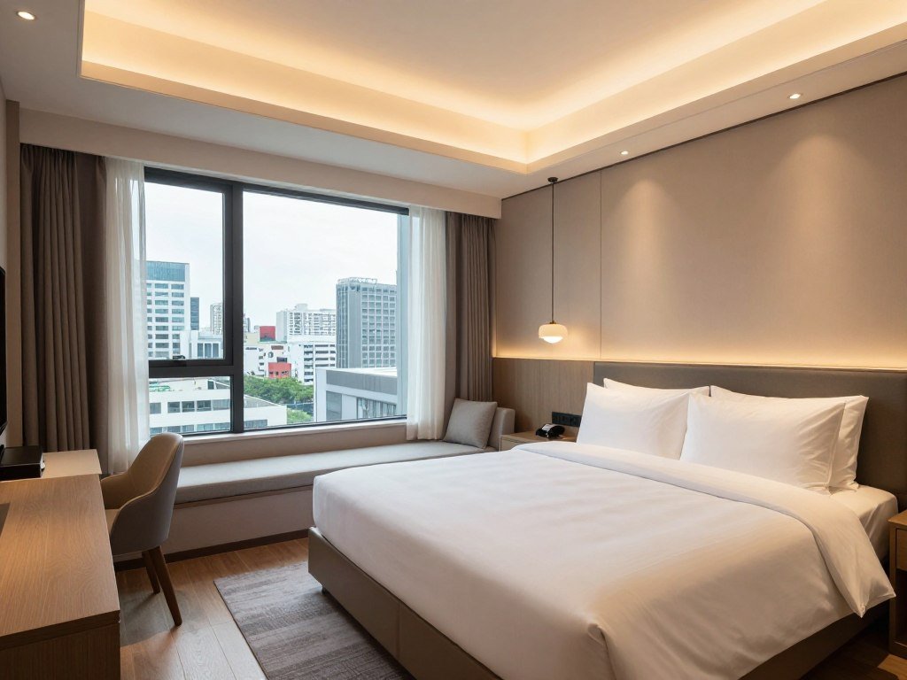 Modern hotel room interior in Taichung with city view