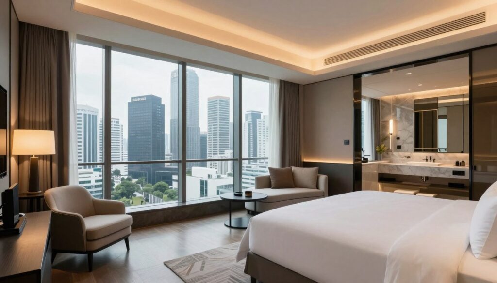 Modern hotel room with Jakarta city skyline view