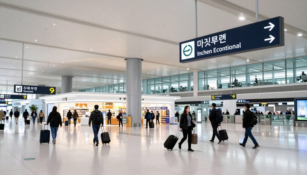 Modern interior of Incheon International Airport terminal with travelers and clear signage