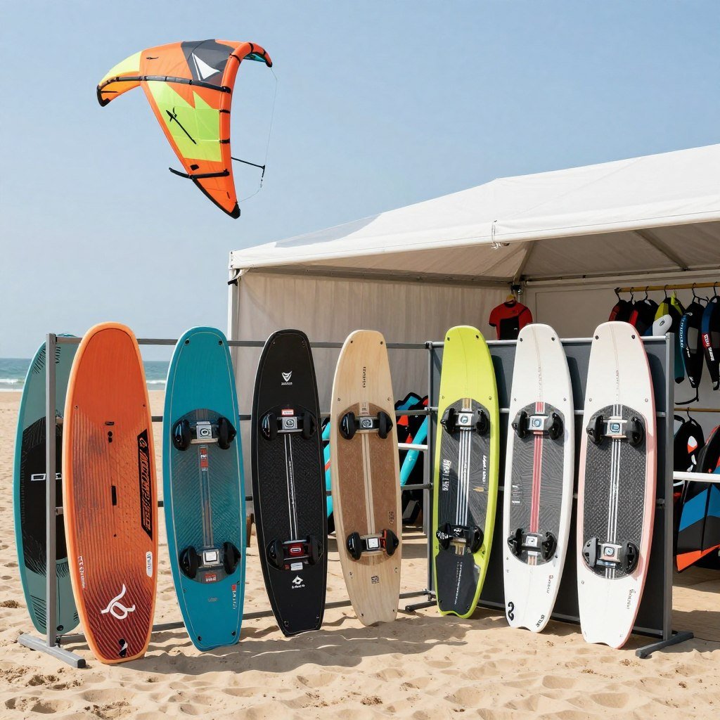 Modern kitesurfing equipment displayed at Mui Ne beach rental shop
