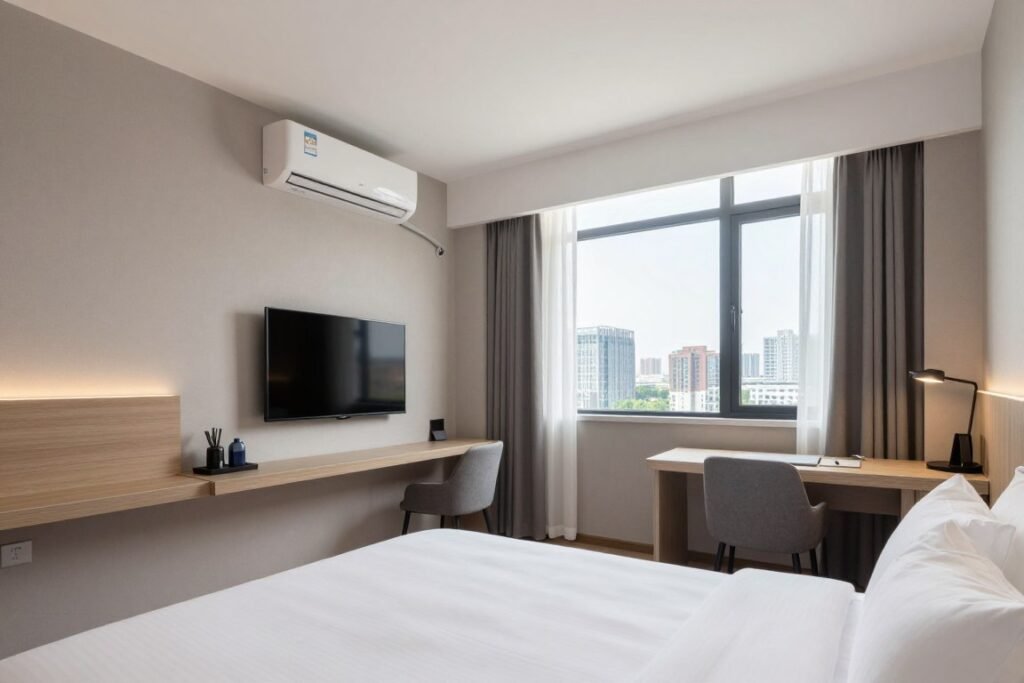 Modern mid-range hotel room with comfortable furnishings