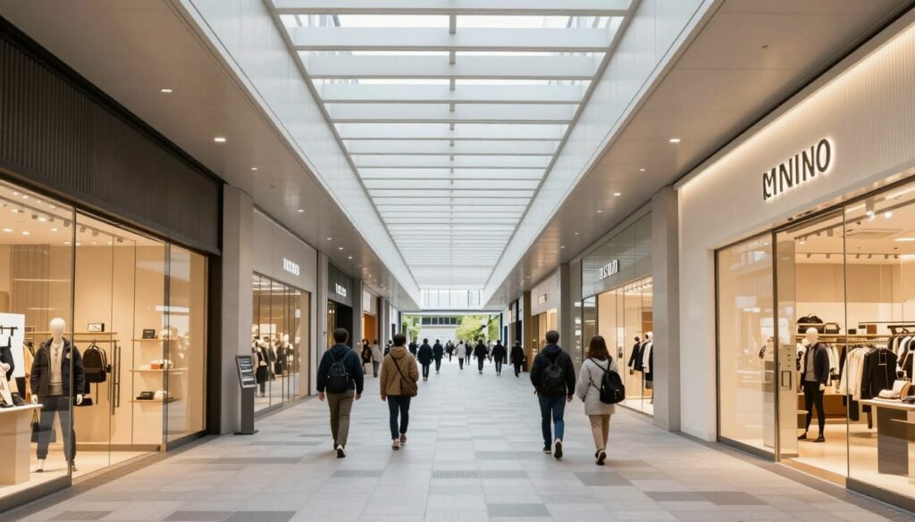 Modern shopping arcade in downtown Kyoto with stores and pedestrians Modern shopping arcade in downtown Kyoto with stores and pedestrians