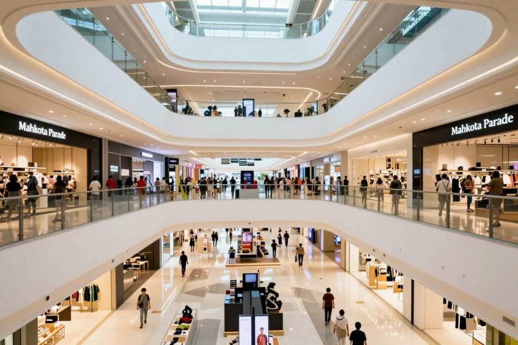 Modern shopping mall interior in Malacca with stores and shoppers