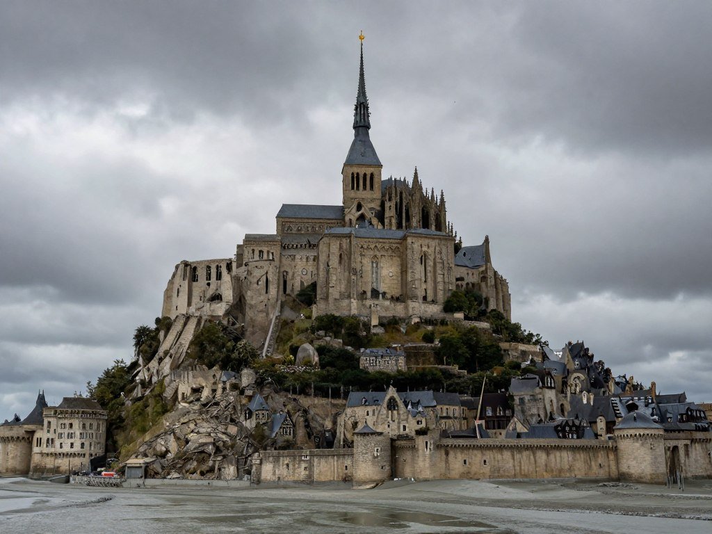 Mont Saint-Michel island abbey at high tide with medieval architecture