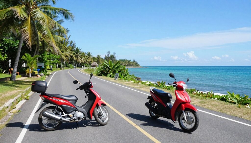 Motorbike parked on coastal road with ocean view