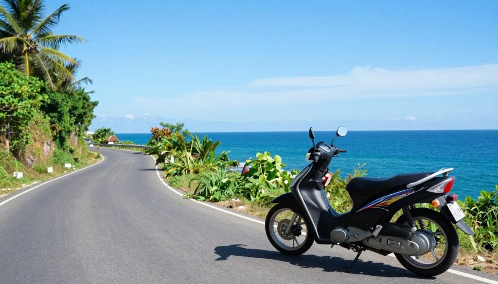 Motorbike parked on coastal road with ocean view in Danang