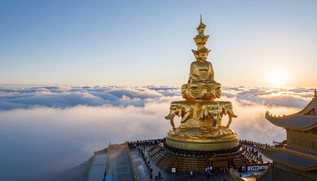 Mount Emei summit with golden Buddha statue and clouds
