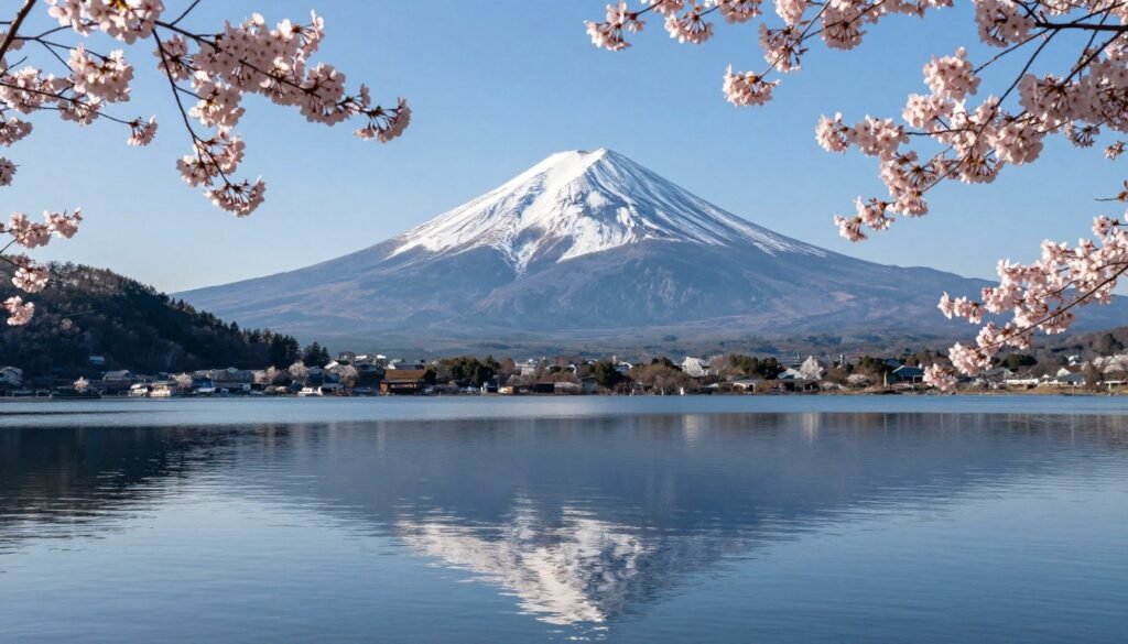 Mount Fuji with lake reflection and cherry blossoms in foreground