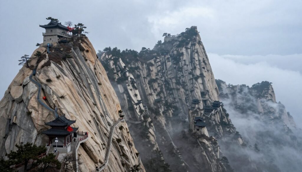 Mount Huashan steep granite peaks with temples in Shaanxi Province