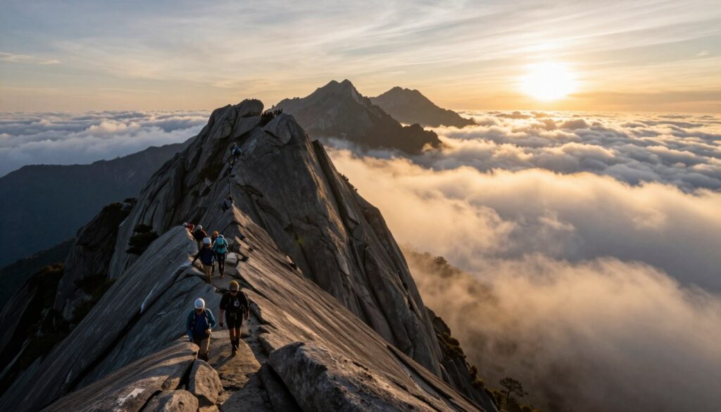 Mount Kinabalu granite peaks rising above clouds at sunrise with climbers