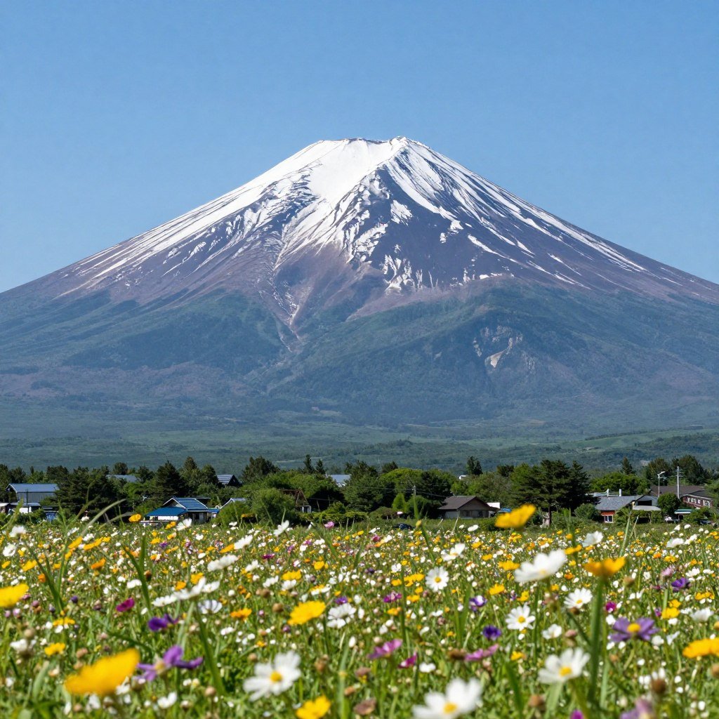 Mount Yotei with perfect cone shape and flowers