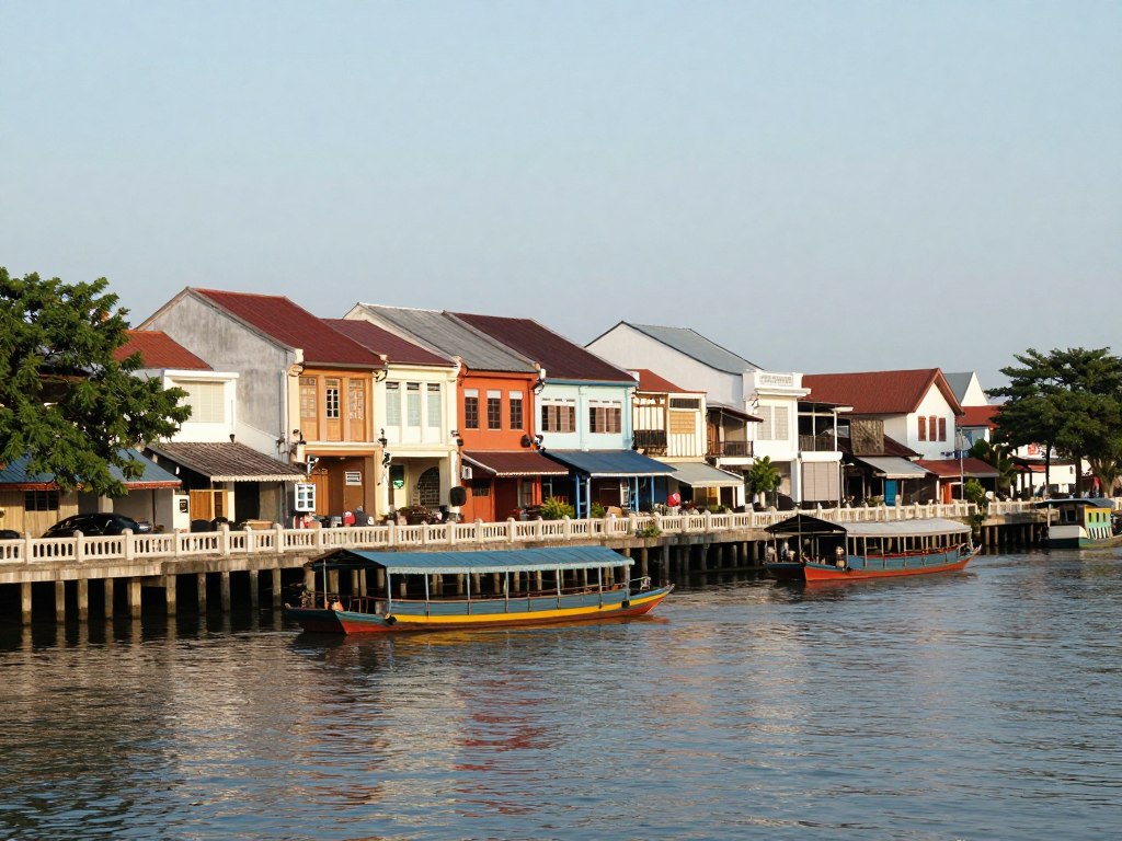 Muar town riverside with traditional shophouses and boats