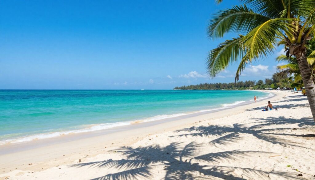 Mui Ne beach during dry season with clear blue skies and calm waters