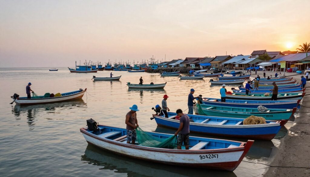 Mui Ne fishing village harbor filled with colorful traditional boats at dawn