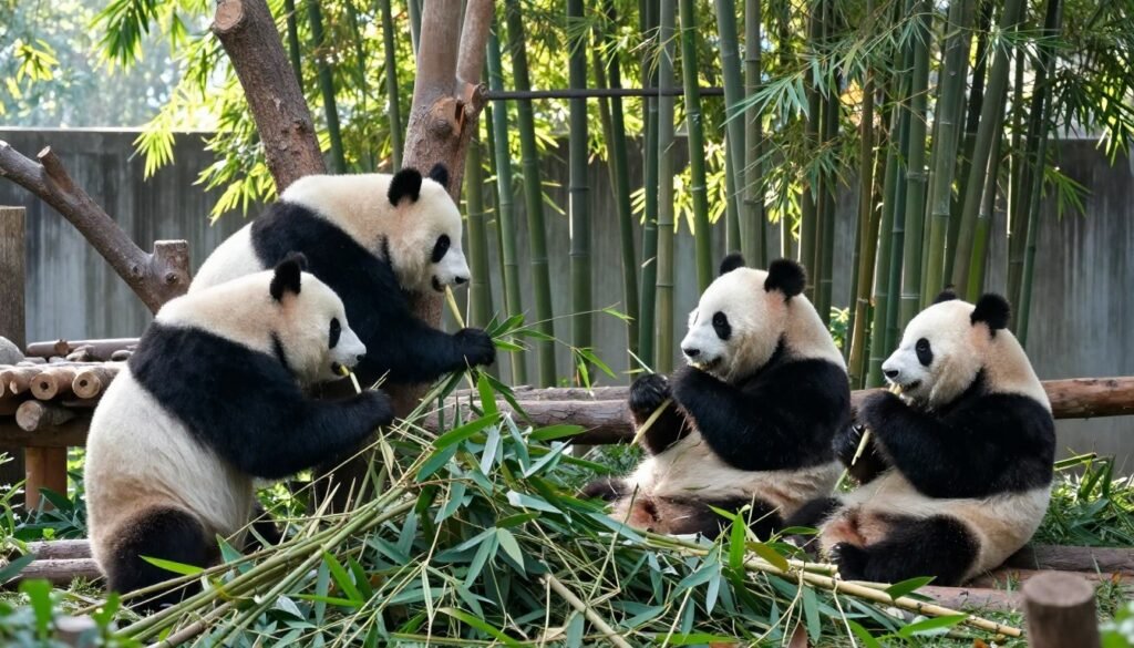 Multiple giant pandas playing in bamboo forest enclosure at Chengdu Panda Base