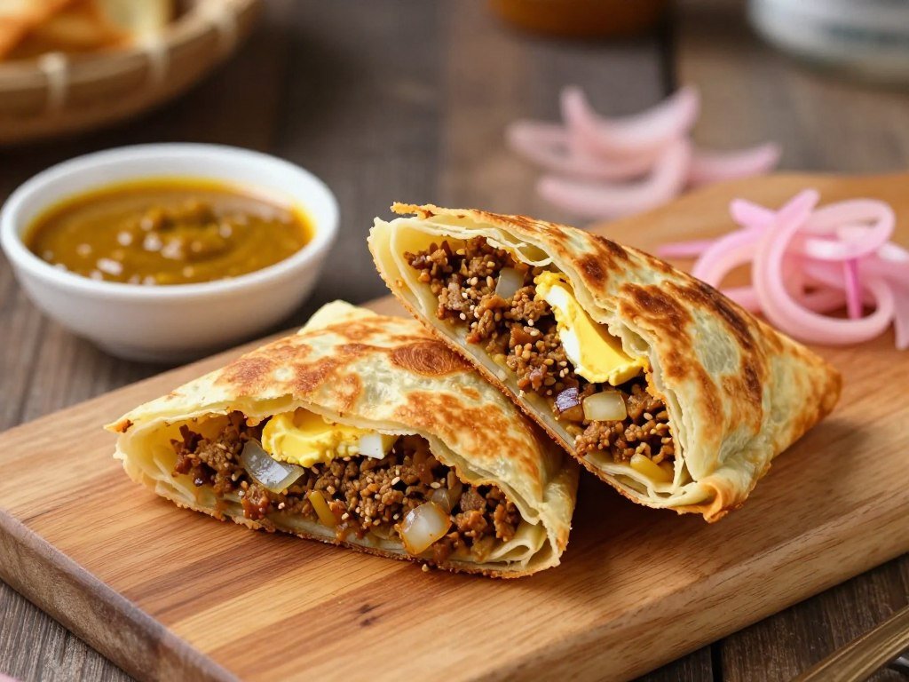Murtabak stuffed pancake with meat filling cut to show interior